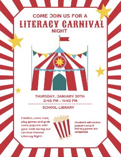 Literacy Carnival Night, Thursday, 1/30 @2:45-4:45p